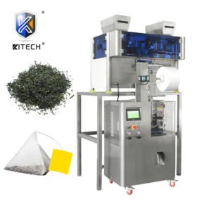 Tea packaging machine with touch screen interface and conveyor belt.