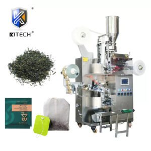 Tea packing machine with touch screen interface and conveyor belt.